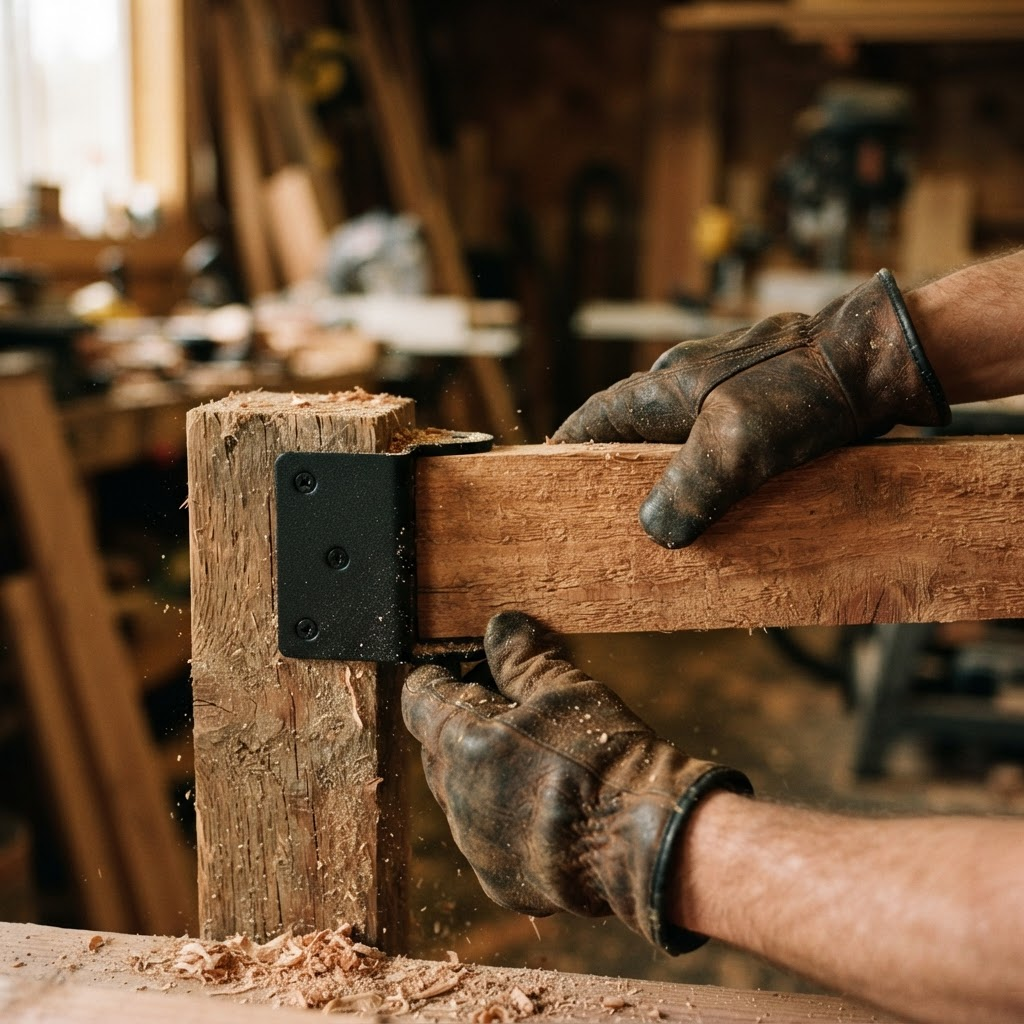 Craftsman fitting a cedar board into a steel bracket