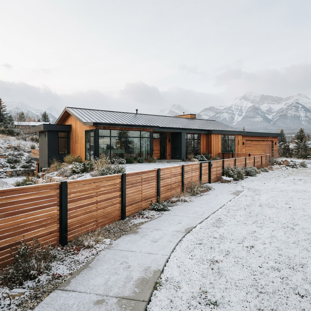Horizontal cedar slat fence with black steel posts in front of a modern Canadian home, mountains behind