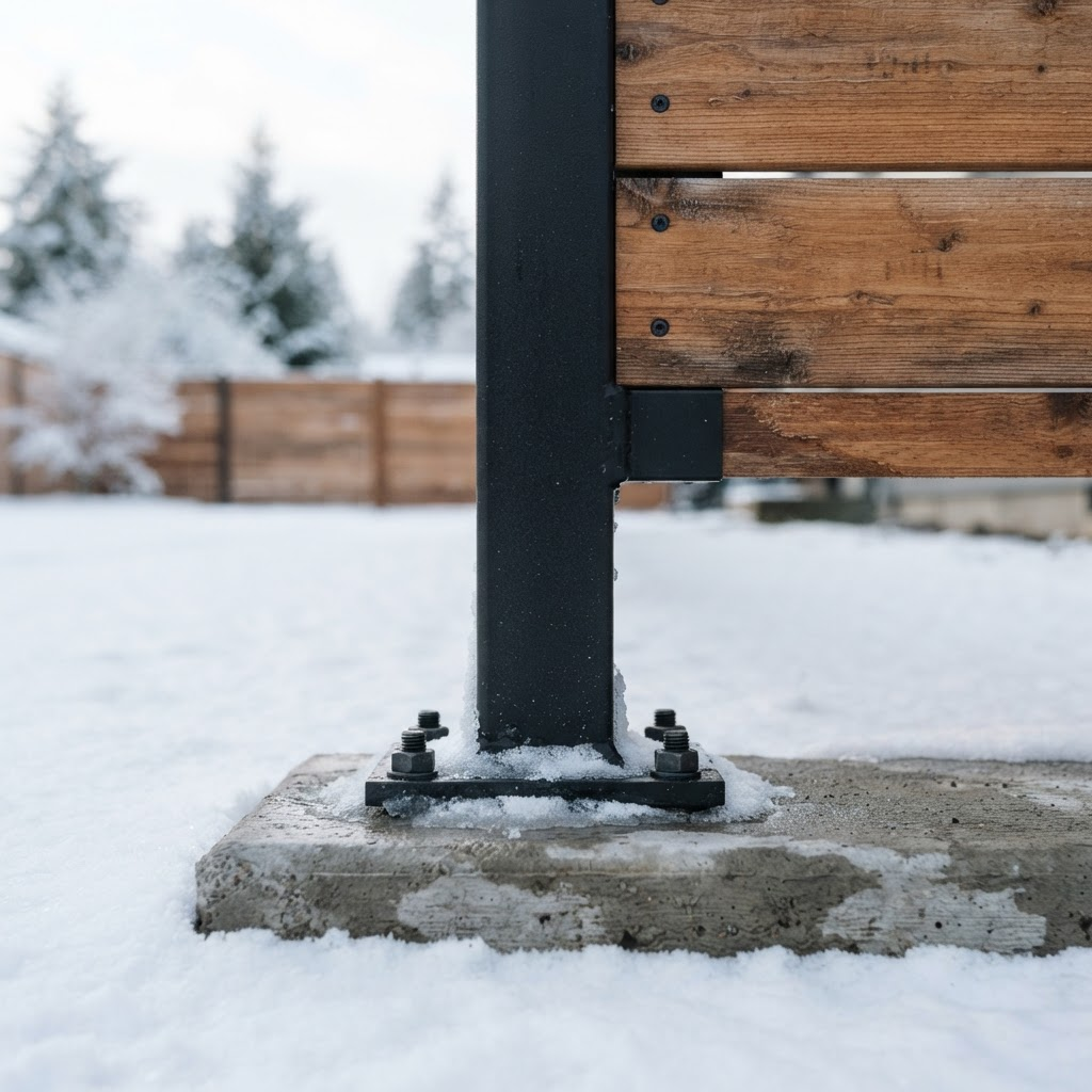 Black steel fence post base set in concrete with fresh snow